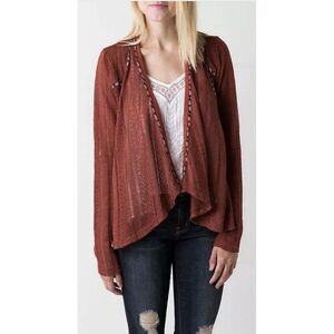 Miss Me Pieced Open Cardigan Sweater Rust Womens Sz L Stud Accents‎ Raw Edge